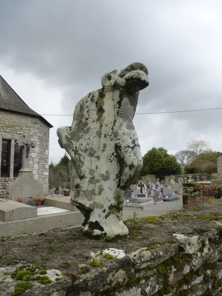 A lichen-covered carving in Trégranteur, Brittany